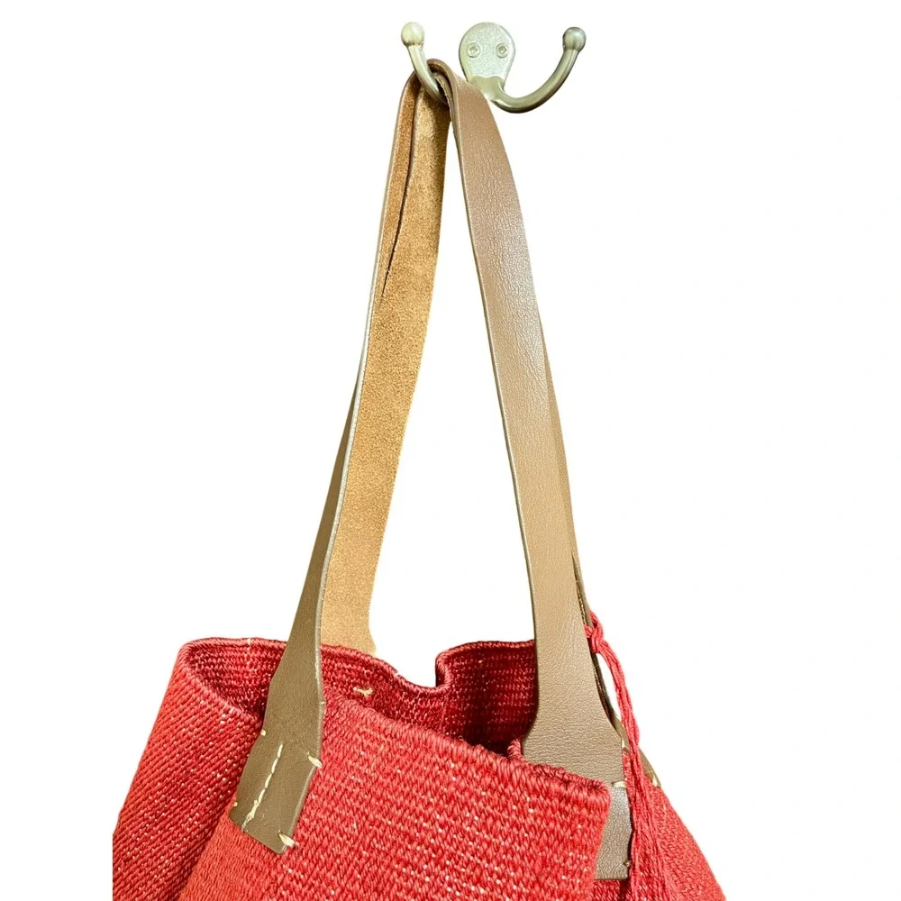J JILL Jute Woven Leather Tote Bag Red Straw Tassel Boho Beach Summer Vacation